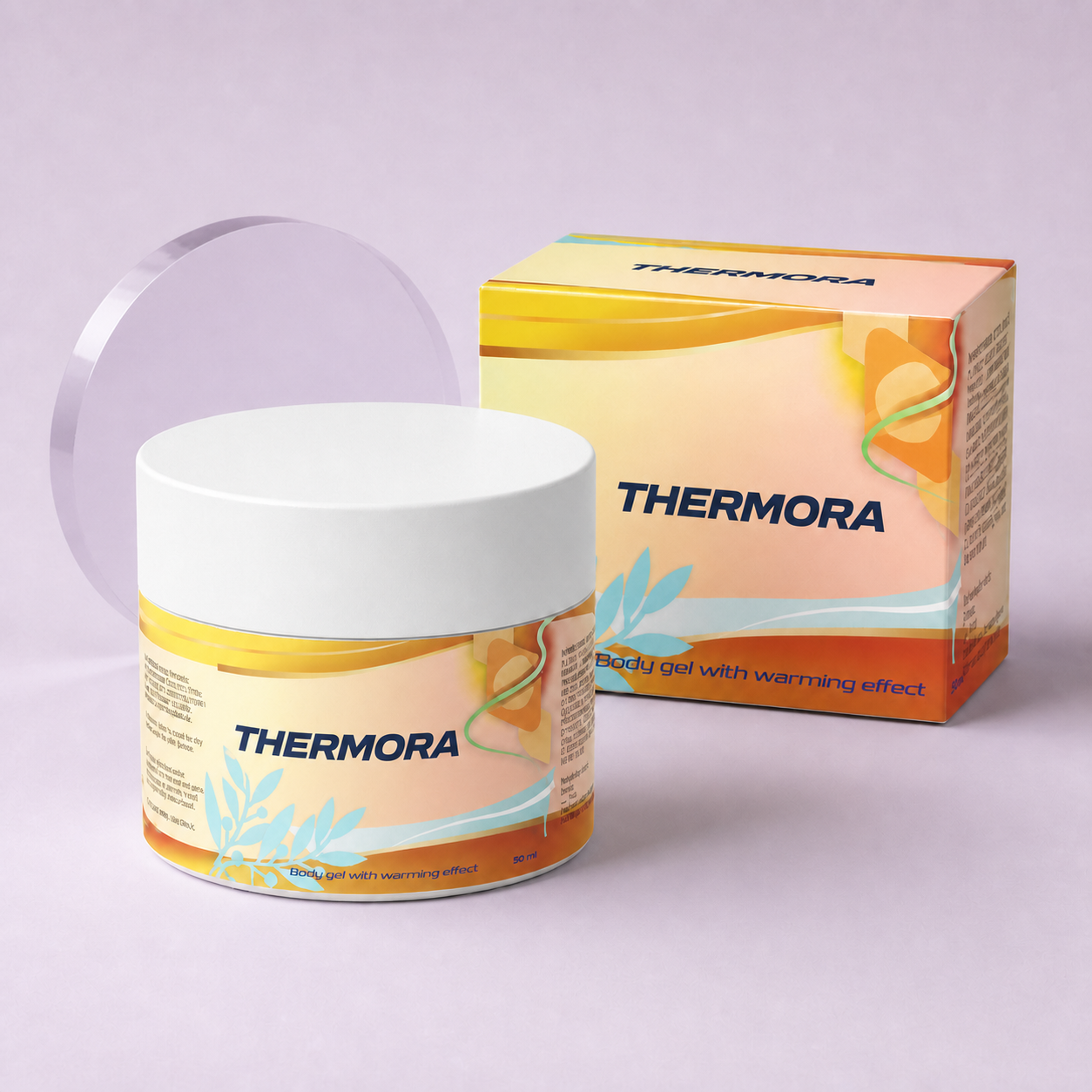 Bílý kelímek THERMORA 50 ml s oranžovo-žlutou etiketou vedle papírové krabičky